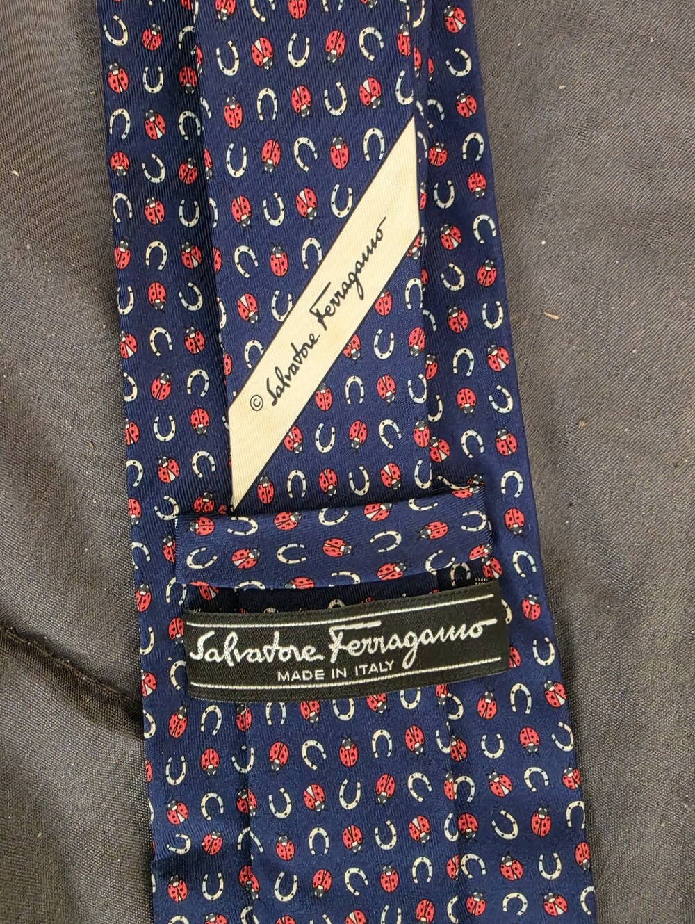 AUTHENTIC Salvatore Ferragamo Silk Navy Tie with Red and White Micro Pattern